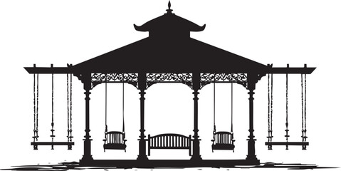 A silhouette of a traditional gazebo with swings and a bench in a serene outdoor setting.