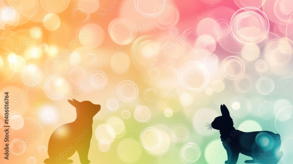 Aufkleber Silhouettes of animals against a vibrant gradient background with floating bubbles and whimsical colors