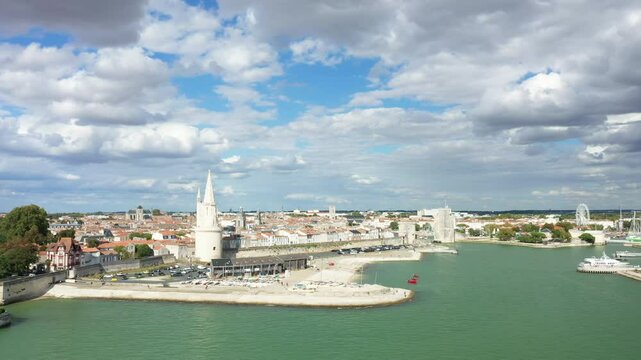 The fortified entrance to the port of La Rochelle in Europe, France, New Aquitaine, Charente Maritime, in summer, on a sunny day.&nbsp;