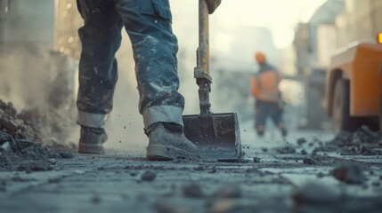 Construction worker using a jackhammer on a sidewalk. Featuring demolition work and site preparation