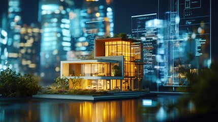 Real estate investment strategy visualized with digital home models and financial graphs.