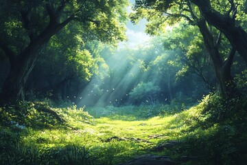 Dynamic woodland backdrop contrasting light and shadow over a rugged terrain of mature trees and soft verdant undergrowth evoking natural drama