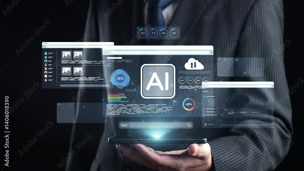 Poster a business professional showcases advanced technology with an artificial intelligence interface and 