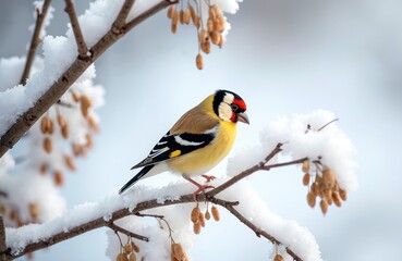 Fototapeta premium Goldfinch bird sits snowy winter branch, pecks seeds. Sunny weather, colorful plumage. Winter scene with bird, snow, branch. Fauna, nature, wildlife. Cold season, open air, close-up photo.