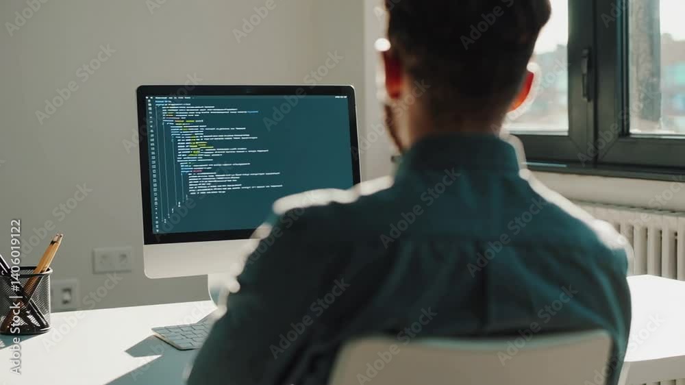Leinwandbilder Software developer deeply focusing on programming code displayed across computer screen, working intently within bright, modern professional office environment