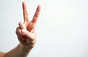 Naklejka premium Close-up shot man hand shows number two or victory sign isolated on white background. Human arm with fingers represents peace. Symbol of success. Count, gesture concept.