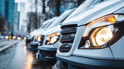Parked white commercial vans row with visible headlamps in city. Urban transportation fleet for logistic, shipping, courier business, cargo distribution, service or freight automotive 