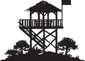 Naklejka premium Silhouette of a watchtower with a flag surrounded by trees and bushes in a scenic landscape.