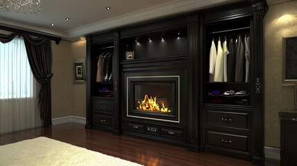 Fototapeta premium Ornate black wardrobe encompassing a fireplace.