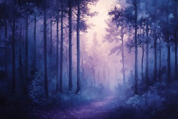 Dreamy twilight forest scene gentle hues of blue and purple where soft shadows and a quiet stillness evoke a sense of mystical calm