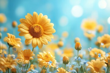 Obraz premium Bright yellow daisies bloom under a soft blue sky in a vibrant flower field during springtime