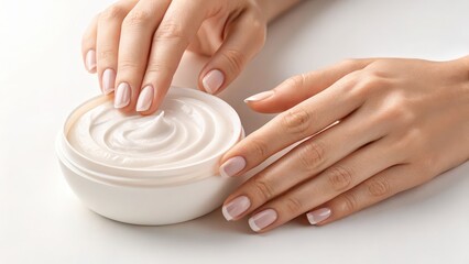A close-up of neatly manicured hands applying cream from a white bowl, emphasizing skincare and self-care routines.