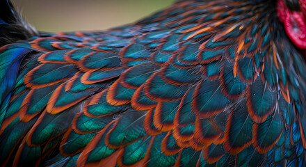 Intricate Rooster Plumage Displaying Vibrant Colorful Iridescence
