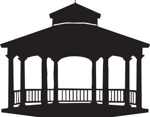 A black silhouette of a classic gazebo structure ideal for outdoor settings and gatherings.