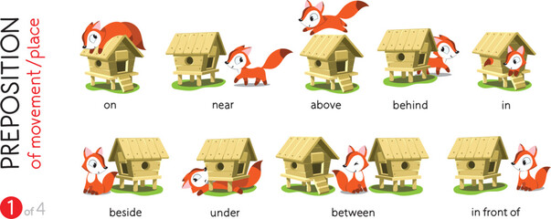 Preposition of place. Funny foxes cartoon set