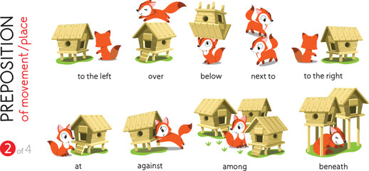 Preposition of place. Funny foxes cartoon set