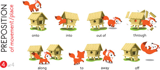 Preposition of movement. Funny foxes cartoon set