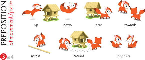 Preposition of movement Funny foxes cartoon set