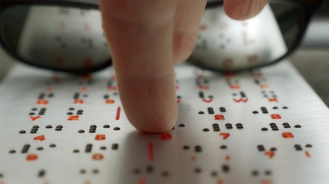 Close-up of a fingertip reading braille on a white page with sunglasses nearby.
