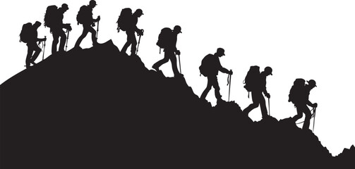Silhouette of hikers climbing a mountain peak during an outdoor adventure journey.