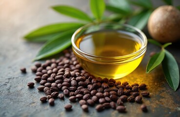 Jojoba oil in glass bowl with seeds and leaves on textured surface. Still life photo for design print. Ayurveda skincare, cosmetic, health, beauty, spa, wellness, essential product.