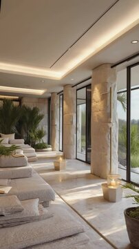 Luxury spa with relaxation beds, tropical plants, natural stone columns and ambient candles creating a serene and tranquil atmosphere