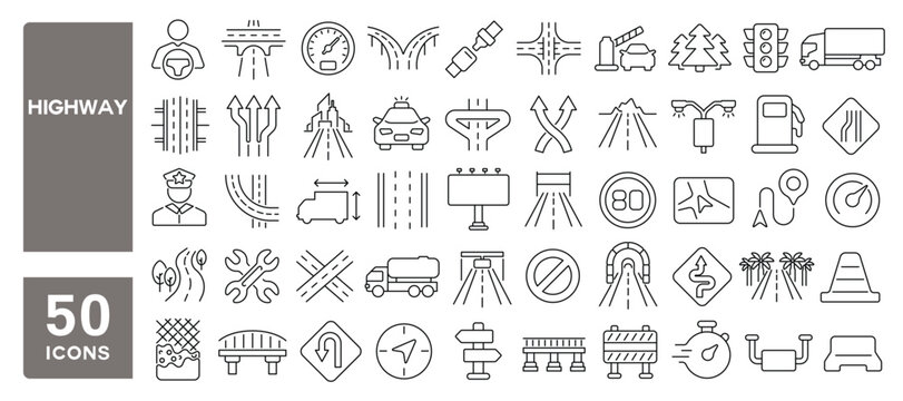 Set of 50 line icons related to highway, tunnel, bridge, road, bypass, direction, traffic, roadside, route, roadway, motorway, Editable stroke. Vector illustration