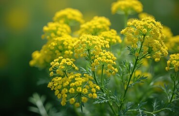 Close-up of blooming dill branches with yellow flower heads. Green leaves, nature background. Fresh herbs, ingredient for cooking, seasoning, culinary or medicine, healthy food concept.