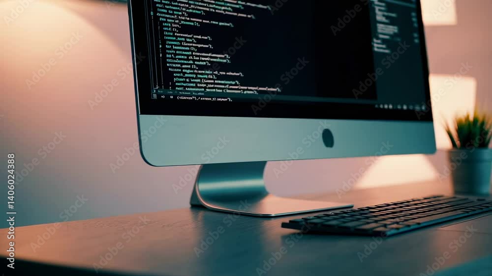 Poster Focused programmer working at modern office desk, warm lamp illuminating computer screen displaying intricate lines of code during software development process