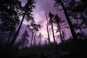 Deep forest vista dusk with dark silhouettes of ancient trees and a soft purple sky creating a brooding yet captivating natural scene
