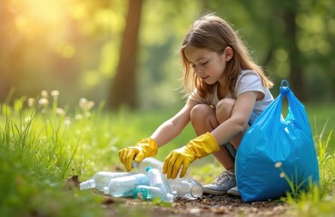 Young girl collecting plastic garbage in park. Child volunteer picking up trash to save planet. Earth Day concept. Environmental protection, ecology, waste management, sustainable development. Eco