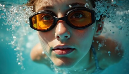 Naklejka premium Close-up of swimmer in pool wearing goggles with water bubbles. Young woman underwater during aquatic training. Healthy active lifestyle. Swim class, sport competition, aquatic activity.