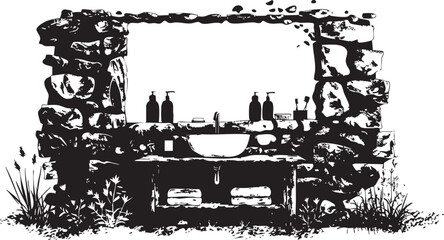 Fototapeta premium A minimalist illustration of a stone bathroom sink surrounded by plants and natural elements.