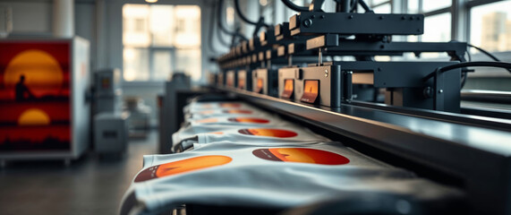 Automatic industrial printing machine printing t-shirts in a workshop