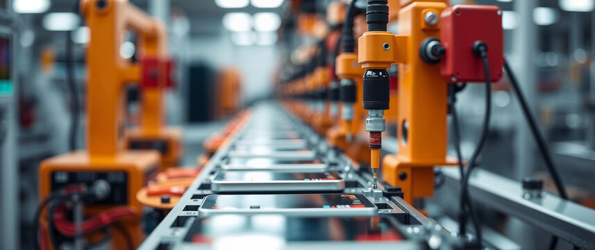 Automated robotic arm assembling smartphones on production line