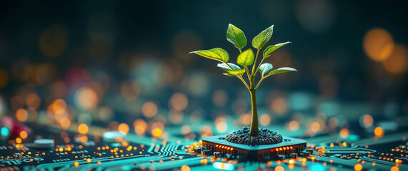 Green plant growing from a microchip on a circuit board symbolizing green technology