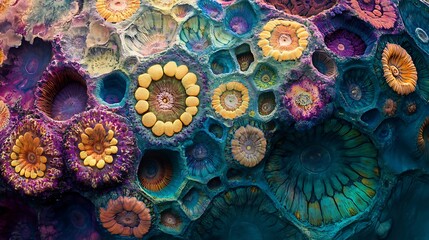Oceanic coral reef displaying hexagonal and circular formations in vivid natural colors