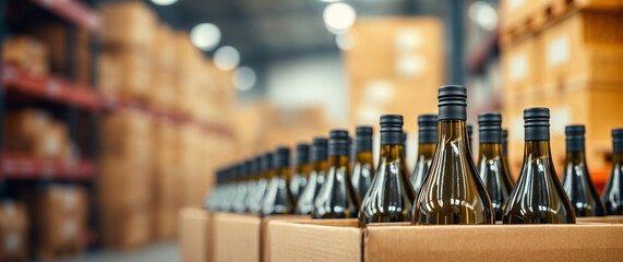Wine bottles standing in cardboard boxes in warehouse