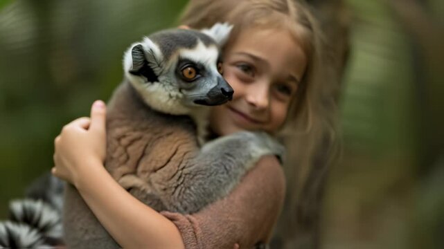 Girl Holding Cute Lemur in Nature