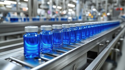 Pharmaceutical manufacturing line producing blue liquid medicine bottles