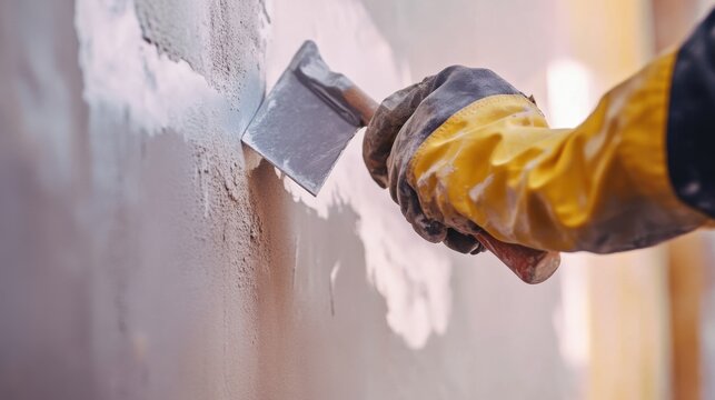 Drywall installer applying finishing touches to a wall. Featuring craftsmanship and finishing skills