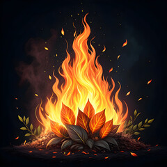 A Digitally Enhanced Image of a Vibrant Campfire with Burning Leaves