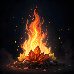Vibrant Autumn Bonfire Digitally Created Flame and Leaves
