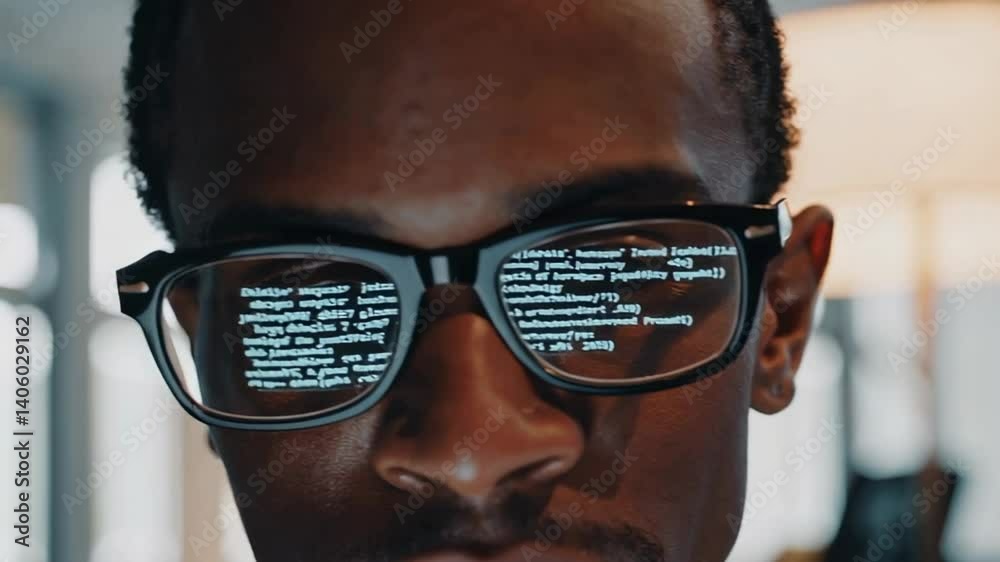 Poster Programmer wearing glasses with code reflection working intently at sleek workstation in contemporary, well lit professional workspace representing digital innovation and technological expertise