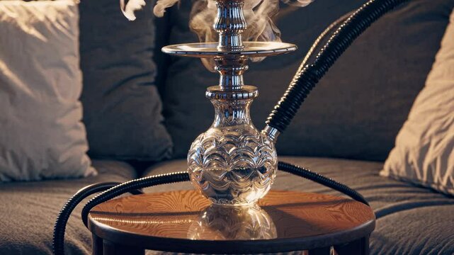 Close-up video shot of a stylish hookah on a wooden table, with smoke rising, creating a cozy, relaxed atmosphere in a dimly lit room.
