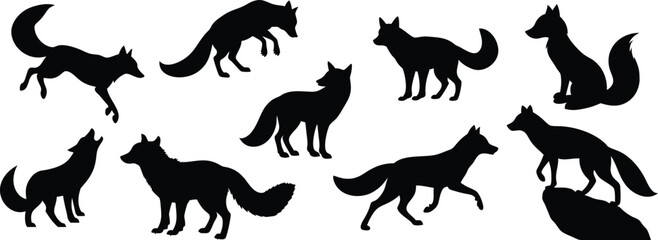 Set of Fox Silhouette Vector Illustrations – Running, Sitting, Jumping and Howling Fox Poses