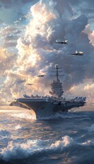 Aircraft Carrier Sailing on the Ocean with Planes Flying Above