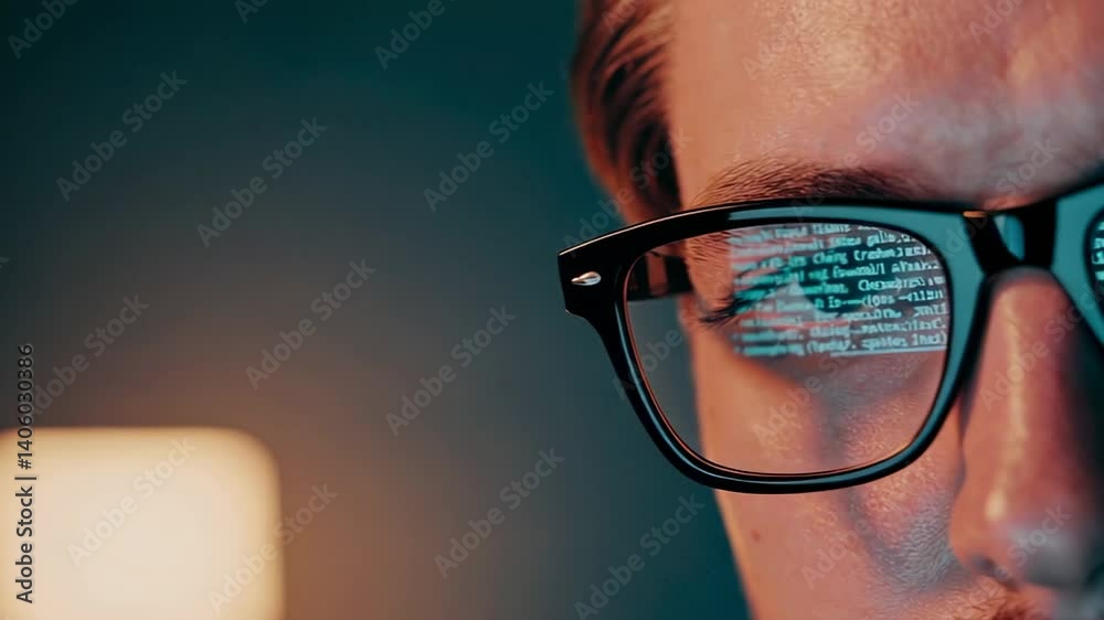 Aufkleber Programmer working intently, computer code reflecting in eyeglasses during late night coding session in dimly lit workspace