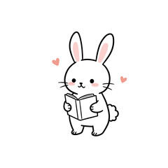 Cute bunny reading a book with love hearts in a playful style  