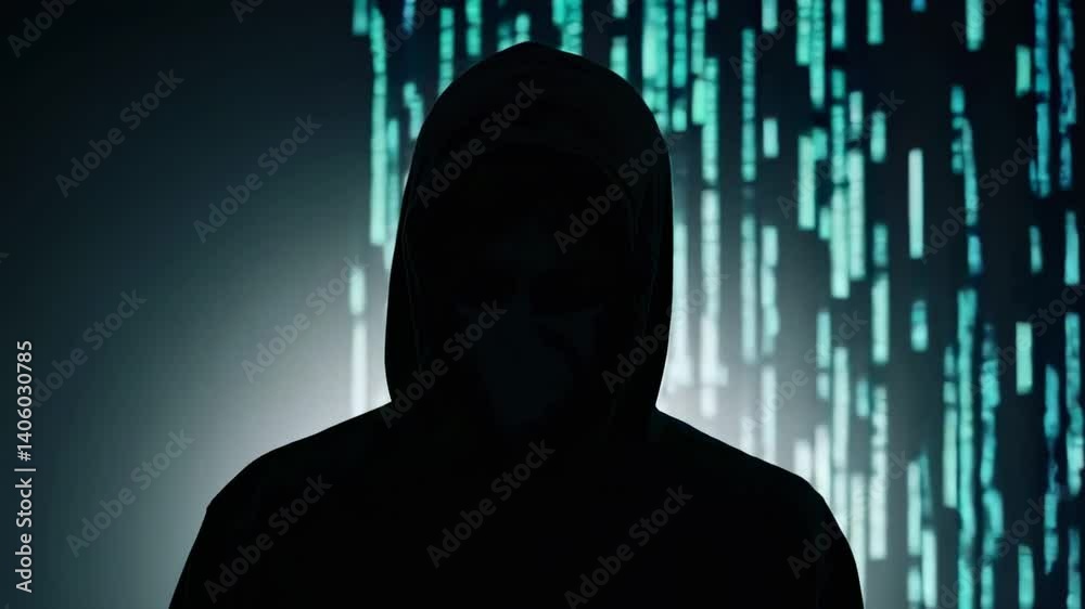 Poster hacker silhouette wearing mask and hoodie is standing in front of data flow, possibly involved in cy